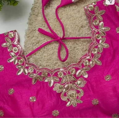 Rani Pink Silk Party Wear Blouse with Intricate Golden Zari Embroidery and Sequin Work featuring Scalloped Neckline and Back Dori Rani Pink 3XL thumbnail 1