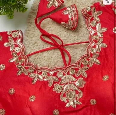 Red Silk Back-Open Saree Blouse with Elaborate Gold Zardosi and Sequin Hand Embroidery Red M thumbnail 1