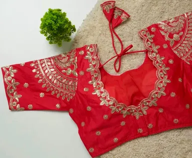 Red Silk Back-Open Saree Blouse with Elaborate Gold Zardosi and Sequin Hand Embroidery Red XXL thumbnail 2