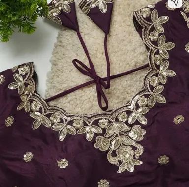 Deep Purple Silk Blend Readymade Saree Blouse with Intricate Zardosi and Sequins Hand Embroidery featuring Dori Back Closure Deep Purple XXL thumbnail 1