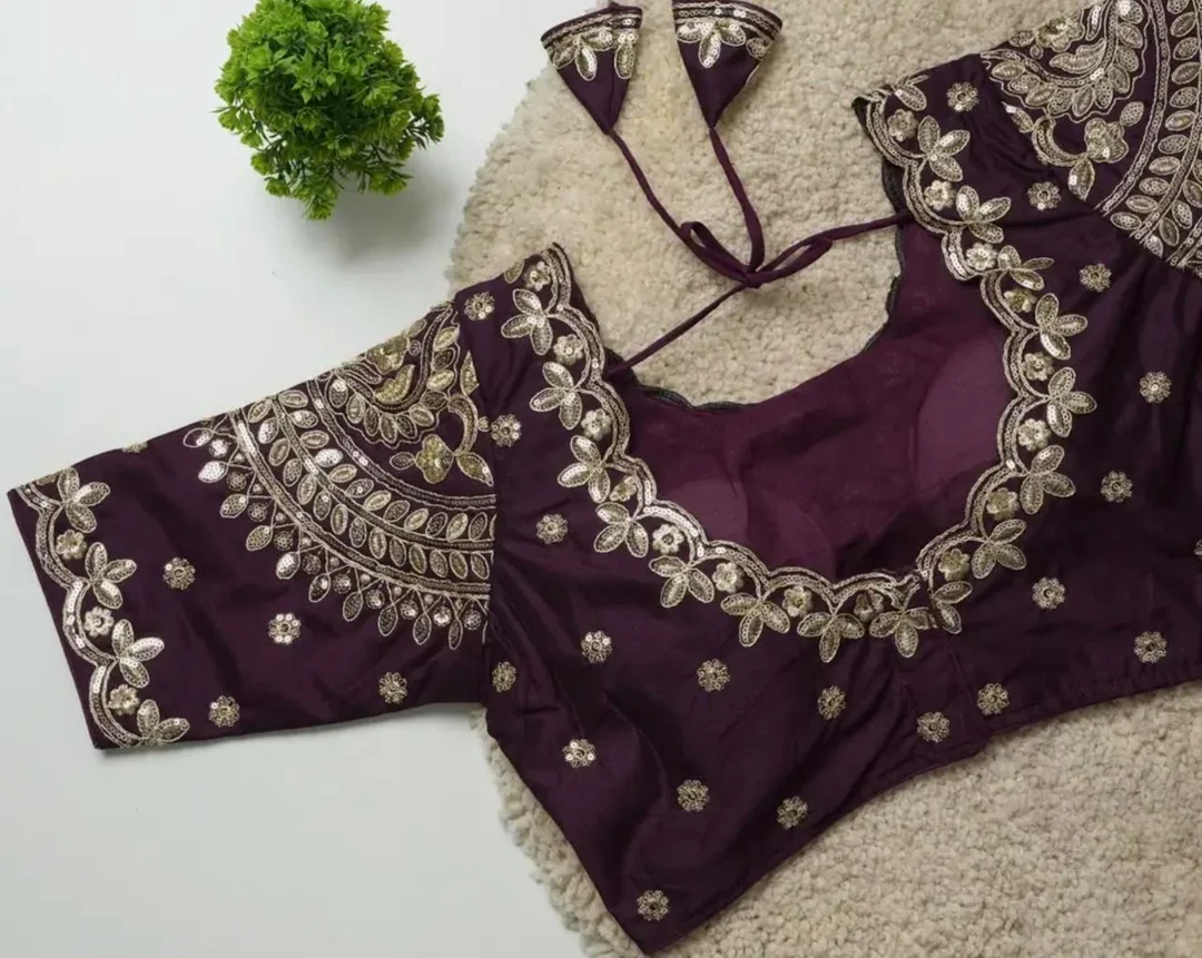 Deep Purple Silk Blend Readymade Saree Blouse with Intricate Zardosi and Sequins Hand Embroidery featuring Dori Back Closure Deep Purple XXL image 3
