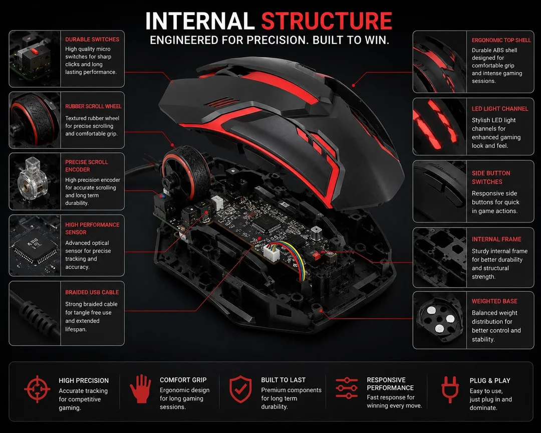 USB Wired RGB Gaming Mouse with Silent Click, 1200 DPI Optical Sensor, Ergonomic Design for PC, Laptop & Desktop image 4