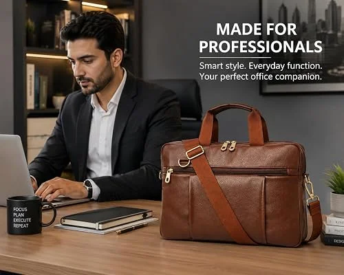 Brown Leather Laptop Office Bag for Men & Women. Fits up to 14.6-inch laptops with adjustable shoulder strap, multiple organizer pockets, and premium leather finish. image 4