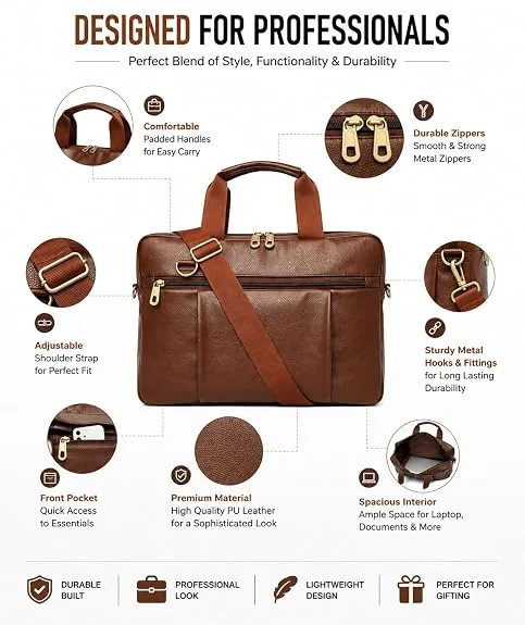 Brown Leather Laptop Office Bag for Men & Women. Fits up to 14.6-inch laptops with adjustable shoulder strap, multiple organizer pockets, and premium leather finish. image 3