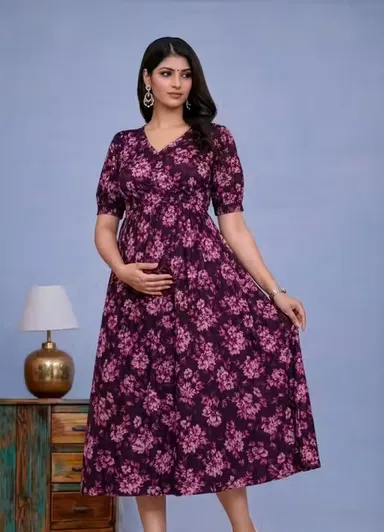 Women's Maroon Floral Print Cotton Maternity Nursing Dress with Discreet Concealed Zippers for Feeding Maroon XL thumbnail 0