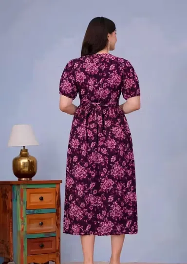 Women's Maroon Floral Print Cotton Maternity Nursing Dress with Discreet Concealed Zippers for Feeding Maroon XL thumbnail 2