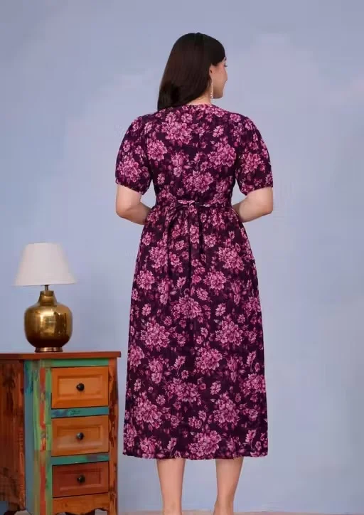 Women's Maroon Floral Print Cotton Maternity Nursing Dress with Discreet Concealed Zippers for Feeding Maroon 3XL image 3