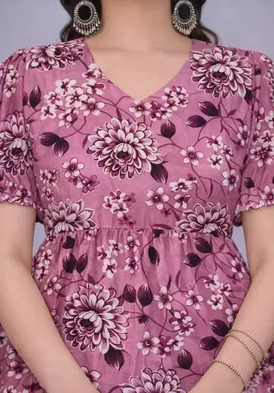 Women's Floral Printed Green & Pink V-Neck Short Puff Sleeve Maternity Nursing Dress with Hidden Feeding Zippers Green- pink M thumbnail 2