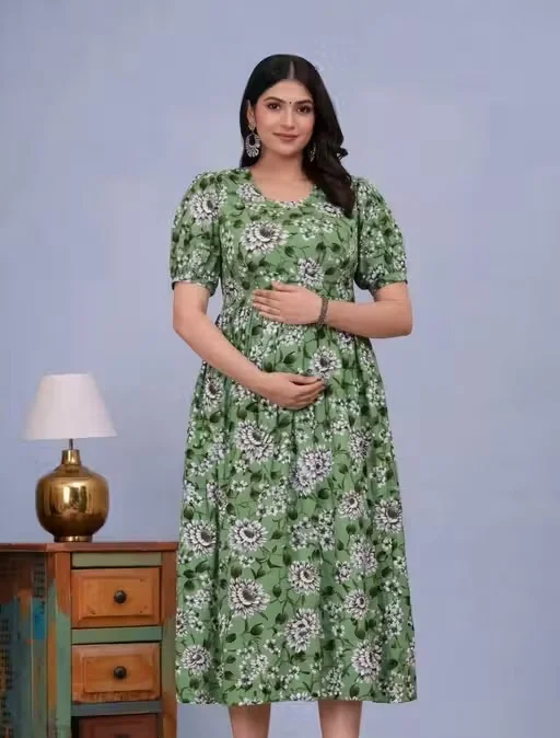 Women's Floral Printed Green & Pink V-Neck Short Puff Sleeve Maternity Nursing Dress with Hidden Feeding Zippers Green- pink 3XL image 3