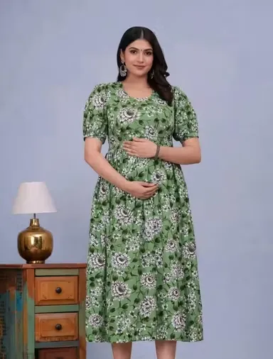 Women's Floral Printed Green & Pink V-Neck Short Puff Sleeve Maternity Nursing Dress with Hidden Feeding Zippers Green- pink 3XL thumbnail 2