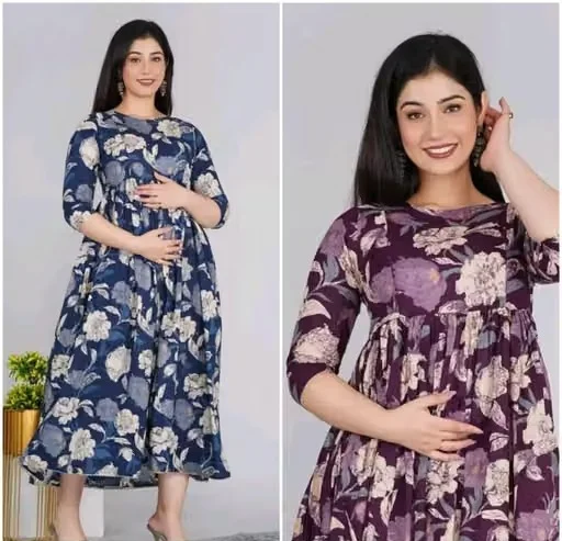 Women's Rayon Printed Maternity Feeding Kurti Gown with Hidden Dual Zipper for Pregnancy & Nursing Floral Printed S image 4