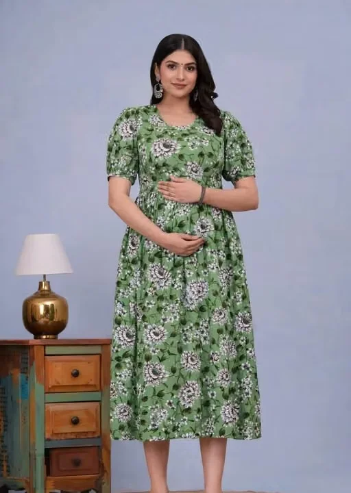 Women's Floral Print Puff Sleeve Maternity Nursing Dress Pack of 2 (Green & Maroon) | Feeding Friendly Casual Pregnancy & Breastfeeding Summer Wear Green + Maroon M image 3