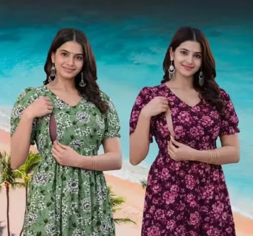 Women's Floral Print Puff Sleeve Maternity Nursing Dress Pack of 2 (Green & Maroon) | Feeding Friendly Casual Pregnancy & Breastfeeding Summer Wear Green + Maroon M image 2