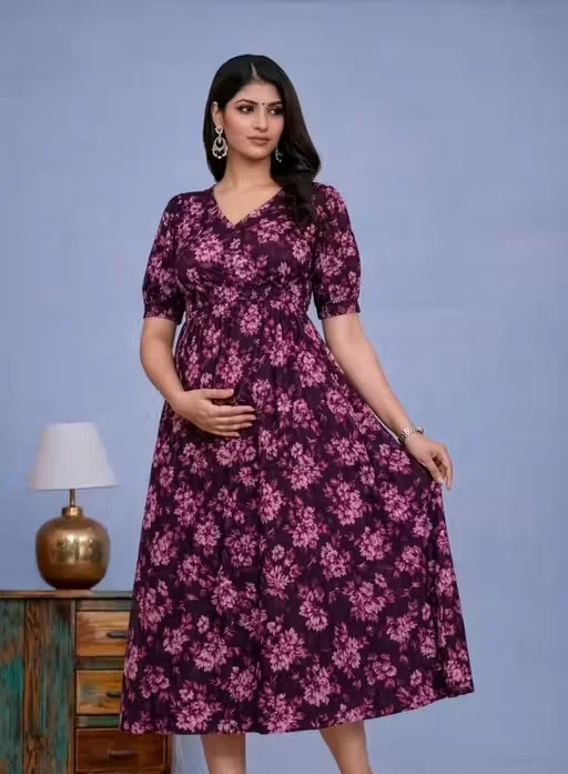 Women's Floral Print Puff Sleeve Maternity Nursing Dress Pack of 2 (Green & Maroon) | Feeding Friendly Casual Pregnancy & Breastfeeding Summer Wear Green + Maroon 3XL image 4