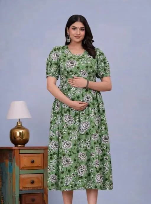 Women's Floral Print Puff Sleeve Maternity Nursing Dress Pack of 2 (Green & Maroon) | Feeding Friendly Casual Pregnancy & Breastfeeding Summer Wear Green + Maroon 3XL image 3