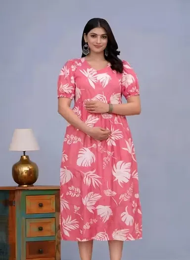 Women's Floral Print Short Sleeve Maternity Nursing Dress with Hidden Feeding Zippers |Combo Set of Pink and Green Green +pink 3XL thumbnail 2
