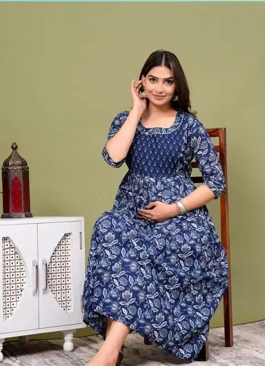 Women's Navy Blue Floral Printed Cotton Maternity Nursing Kurti with Concealed Zipper Feeding Access | Soft Pregnancy & Breastfeeding Daily Wear Navy Blue XXL thumbnail 3