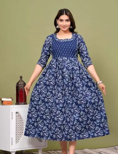Women's Navy Blue Floral Printed Cotton Maternity Nursing Kurti with Concealed Zipper Feeding Access | Soft Pregnancy & Breastfeeding Daily Wear Navy Blue XXL thumbnail 2