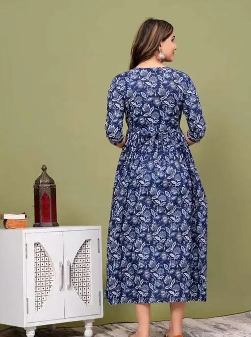 Women's Navy Blue Floral Printed Cotton Maternity Nursing Kurti with Concealed Zipper Feeding Access | Soft Pregnancy & Breastfeeding Daily Wear Navy Blue XXL image 2