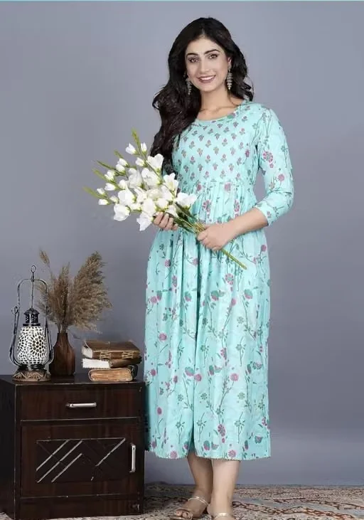 Women's Navy Blue Floral Printed Cotton Maternity Nursing Kurti with Concealed Zipper Feeding Access | Soft Pregnancy & Breastfeeding Daily Wear Light Blue 3XL image 4