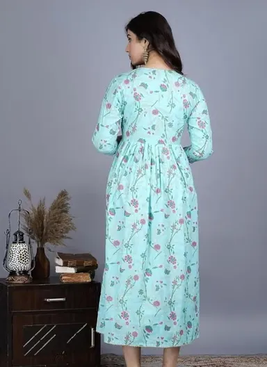 Women's Navy Blue Floral Printed Cotton Maternity Nursing Kurti with Concealed Zipper Feeding Access | Soft Pregnancy & Breastfeeding Daily Wear Light Blue 3XL thumbnail 2