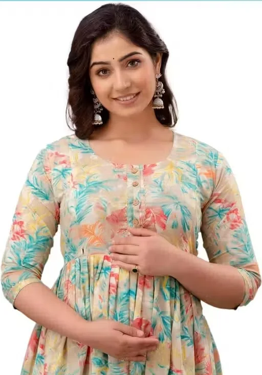 Rayon Maternity Feeding Kurti Gown with Dual Nursing Zipper |Printed Calf Length Maternity Wear Pink Floral M image 4