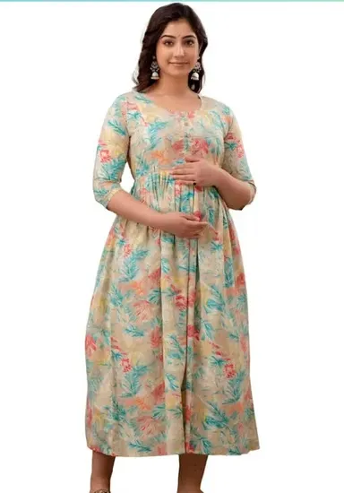 Rayon Maternity Feeding Kurti Gown with Dual Nursing Zipper |Printed Calf Length Maternity Wear Pink Floral L thumbnail 3