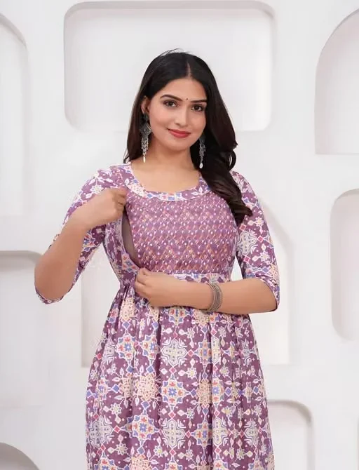 Elegant Floral Printed Purple Maternity Nursing Kurti with Concealed Zippers for Feeding Purple Floral M image 4