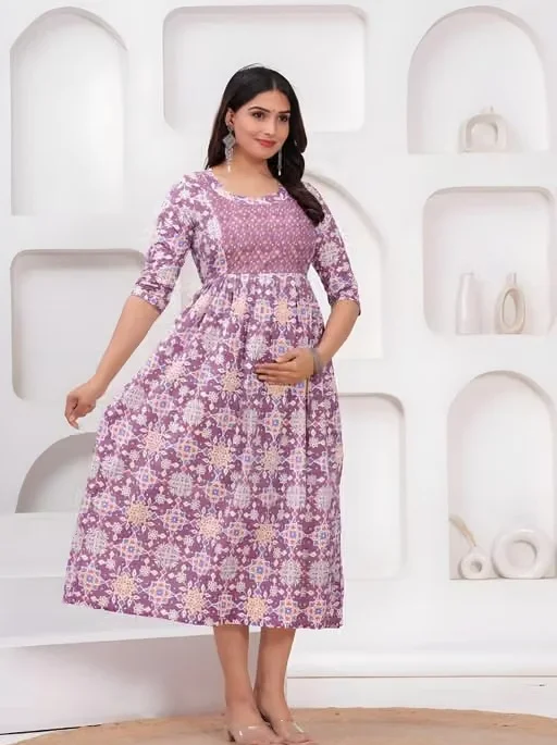 Elegant Floral Printed Purple Maternity Nursing Kurti with Concealed Zippers for Feeding Purple Floral XXL image 2