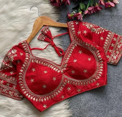 Red Raw Silk Readymade Blouse with Hand-Embroidered Gota Patti & Zardosi Work, V-Neck & Back Dori Closure Red S image 2