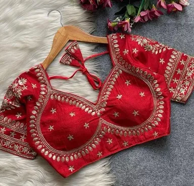 Red Raw Silk Readymade Blouse with Hand-Embroidered Gota Patti & Zardosi Work, V-Neck & Back Dori Closure Red S thumbnail 1