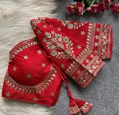 Red Raw Silk Readymade Blouse with Hand-Embroidered Gota Patti & Zardosi Work, V-Neck & Back Dori Closure Red L thumbnail 1
