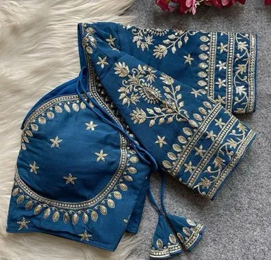 Deep Teal Silk Blouse with Intricate Hand-Embroidered Zardosi and Sequins Work for Ethnic Sarees Teal L thumbnail 1