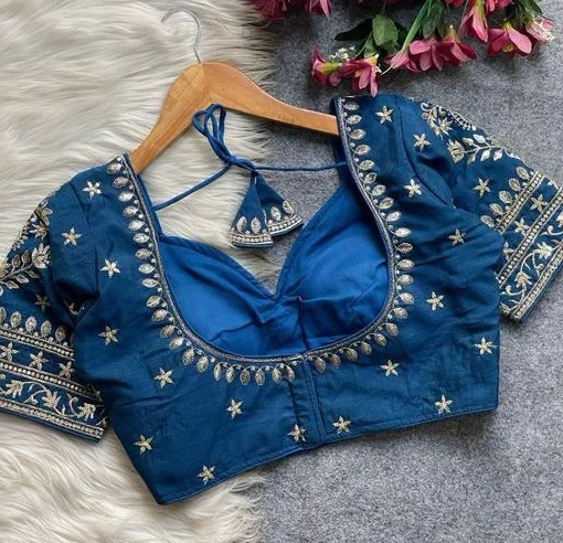 Deep Teal Silk Blouse with Intricate Hand-Embroidered Zardosi and Sequins Work for Ethnic Sarees Teal L image 3