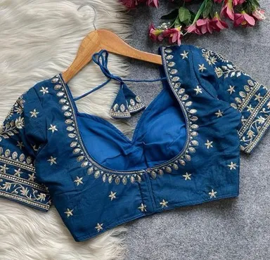Deep Teal Silk Blouse with Intricate Hand-Embroidered Zardosi and Sequins Work for Ethnic Sarees Teal 3XL thumbnail 2