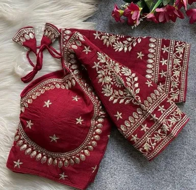 Maroon Silk Designer Blouse with Intricate Gota Patti and Zardosi Hand Embroidery featuring a Sweetheart Neckline and Elbow-Length Sleeves Maroon S thumbnail 2