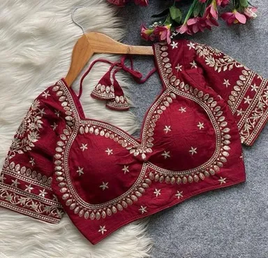 Maroon Silk Designer Blouse with Intricate Gota Patti and Zardosi Hand Embroidery featuring a Sweetheart Neckline and Elbow-Length Sleeves Maroon M thumbnail 1