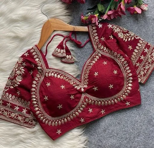 Maroon Silk Designer Blouse with Intricate Gota Patti and Zardosi Hand Embroidery featuring a Sweetheart Neckline and Elbow-Length Sleeves Maroon 3XL image 2