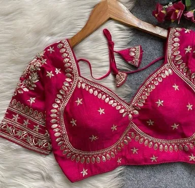 Pink Silk Designer Blouse with Elaborate Gota Patti and Sequin Hand Embroidery Featuring Floral Motifs and Cut-Out Back Detail Pink XXL thumbnail 3