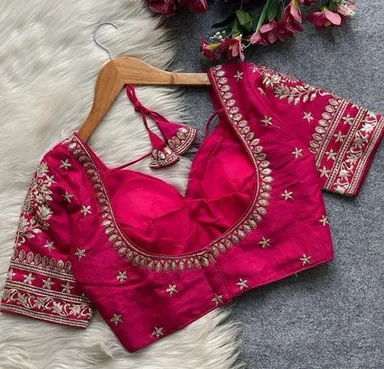 Pink Silk Designer Blouse with Elaborate Gota Patti and Sequin Hand Embroidery Featuring Floral Motifs and Cut-Out Back Detail Pink XXL thumbnail 2