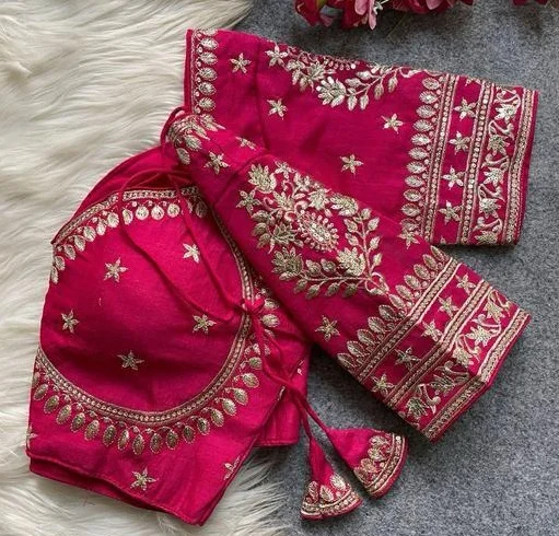 Pink Silk Designer Blouse with Elaborate Gota Patti and Sequin Hand Embroidery Featuring Floral Motifs and Cut-Out Back Detail Pink XXL image 2