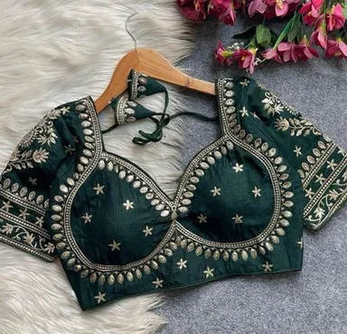 Deep Bottle Green Silk Blouse with Intricate Gold Zardosi and Sequin Floral Hand Embroidery featuring a Sweetheart Neckline and Back Tie-Up Detail. Green 3XL thumbnail 1
