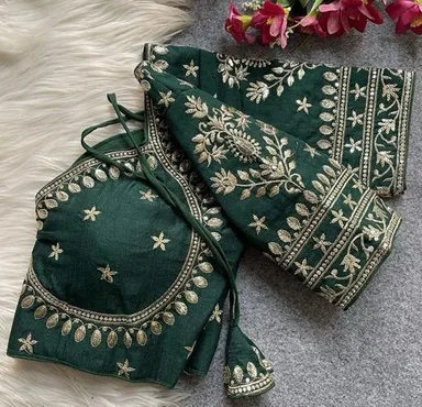 Deep Bottle Green Silk Blouse with Intricate Gold Zardosi and Sequin Floral Hand Embroidery featuring a Sweetheart Neckline and Back Tie-Up Detail. Green 3XL thumbnail 2