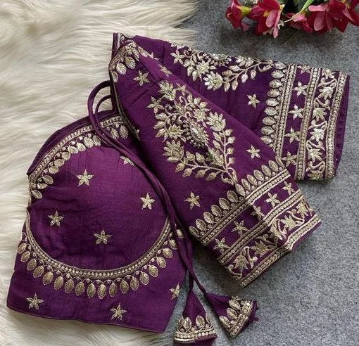 Purple Silk Blouse with Intricate Gold Zardosi Embroidery and Scalloped Neckline Detailing Purple L image 2