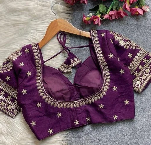 Purple Silk Blouse with Intricate Gold Zardosi Embroidery and Scalloped Neckline Detailing Purple XXL image 4