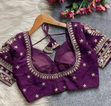 Purple Silk Blouse with Intricate Gold Zardosi Embroidery and Scalloped Neckline Detailing Purple XXL thumbnail 3
