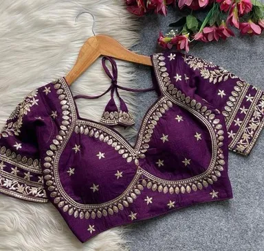 Purple Silk Blouse with Intricate Gold Zardosi Embroidery and Scalloped Neckline Detailing Purple XXL thumbnail 1