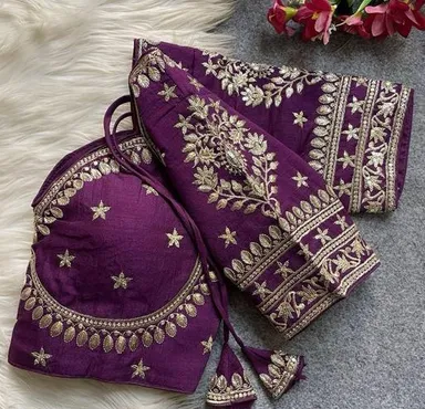 Purple Silk Blouse with Intricate Gold Zardosi Embroidery and Scalloped Neckline Detailing Purple 3XL thumbnail 2