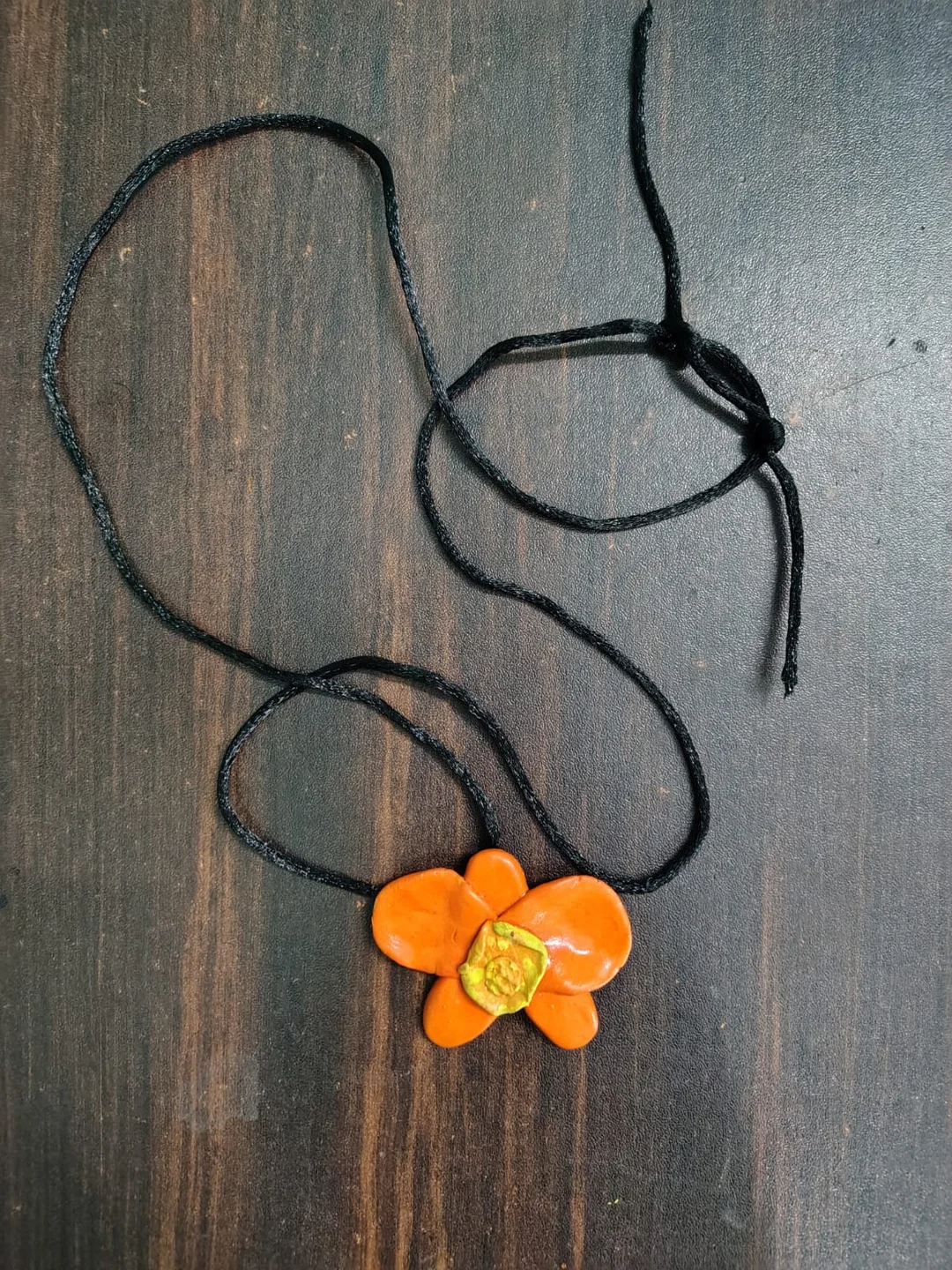 Handmade Orange Flower Clay Pendant Necklace with Adjustable Black Thread Cord – Artisan Floral Blossom Charm Fashion Jewellery for Women Girls Teens Boho Gift Necklace image 1