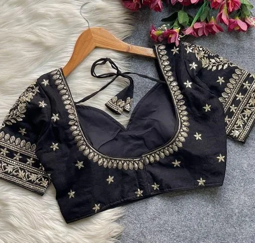 Black Art Silk Blouse With Heavy Handcrafted Zardosi And Sequins Embroidery Featuring Intricate Star Motifs And Sweetheart Neckline Black XL image 3
